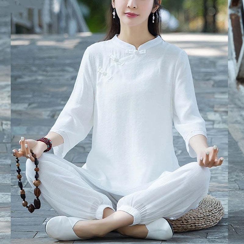 2Pcs Plain Design Top Pants Meditation Yoga Zen Tai Chi Cotton Linen Clothing Women's Set