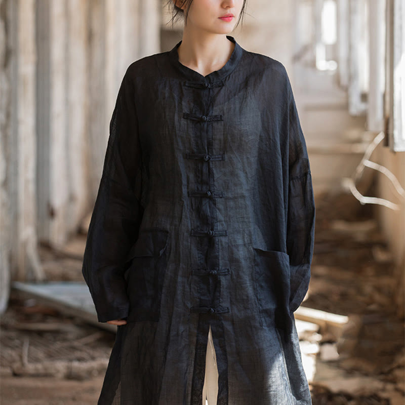 Black Frog-Button Long Sleeve Zen Meditation Jacket With Pockets