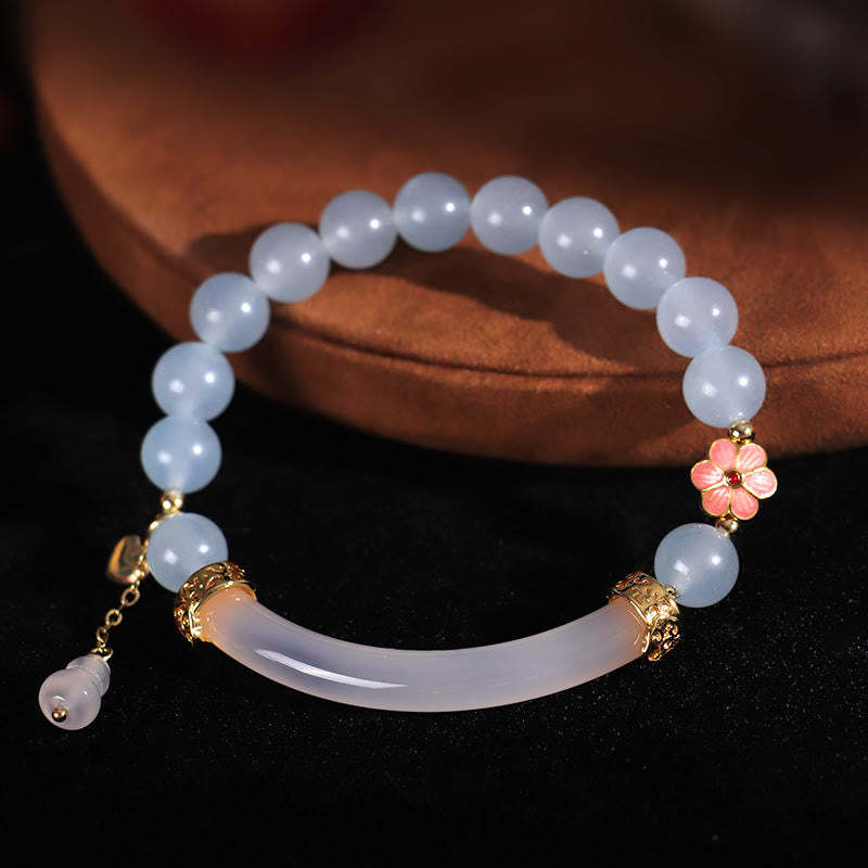 Pink Crystal Blue Chalcedony Pearl Cuff Half Bracelet Bangle