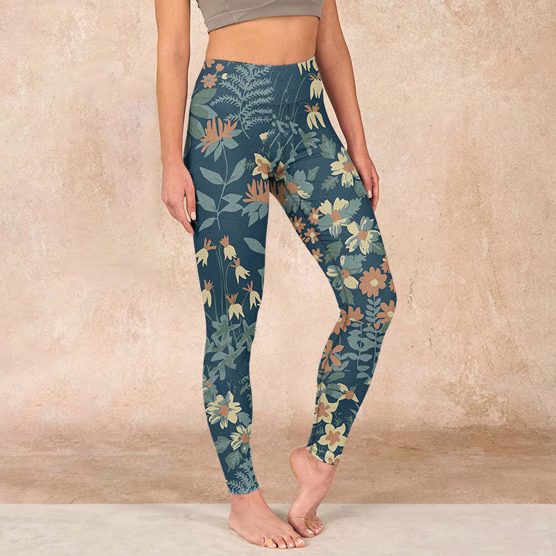 Casual Daisy Flowers Leaves Print Gym Fitness Leggings Women's Yoga Pants