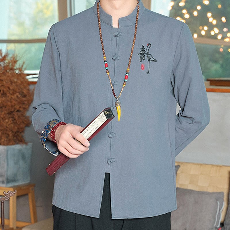 Fall Solid Long Sleeve Frog-Button Shirt Linen Men Zen Clothing