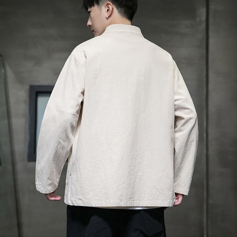 Solid Color Frog-button Tang Suit Cotton Linen Men's Jacket Shirt With Pockets