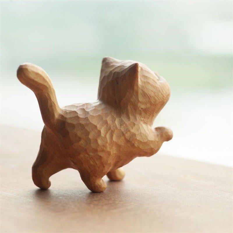 Mini Thuja Sutchuenensis Boxwood Cute Cat Kitten Carved Prosperity Decoration