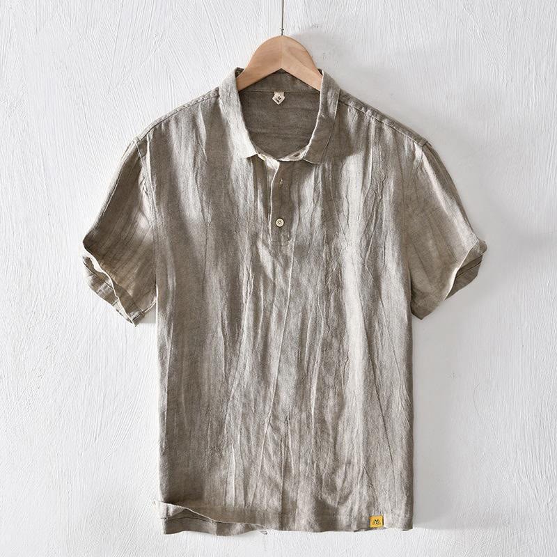 Simple Design Short Sleeve Lapel Linen Half Button Men's Shirt