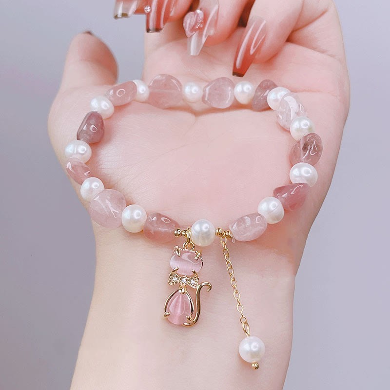 Natural Strawberry Quartz Pearl Cat Positive Bracelet