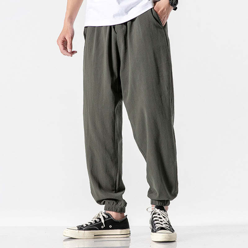 Solid Color Drawstring Cotton Men's Pants With Pockets