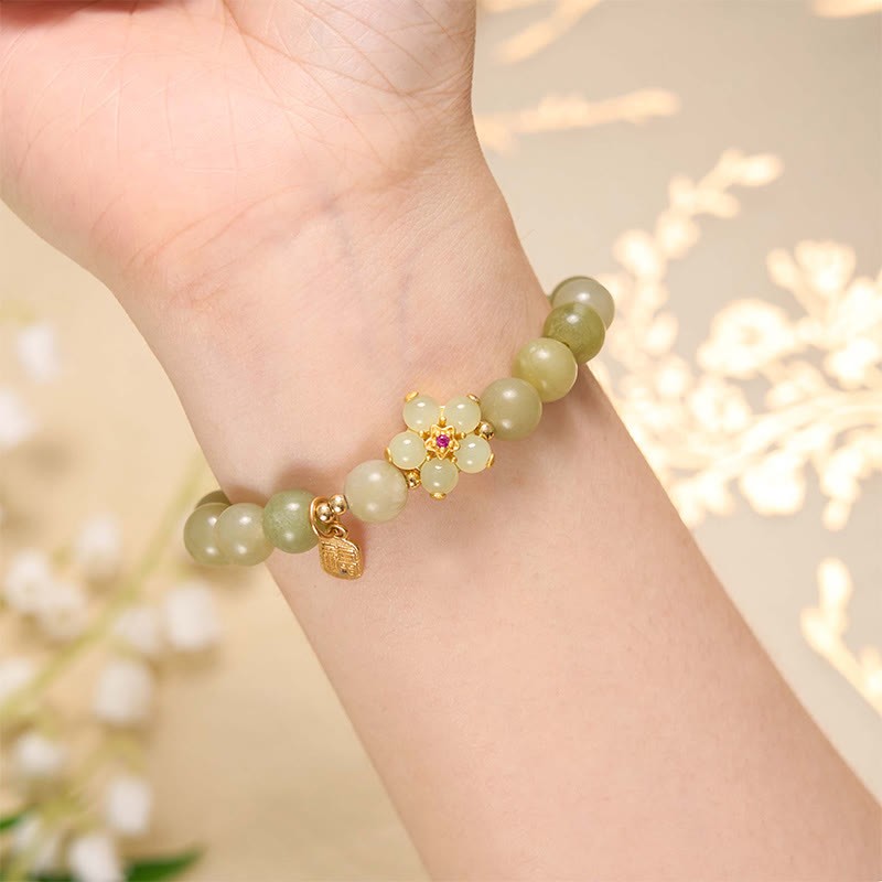 Green Jade Flower Fu Character Charm Luck Bracelet