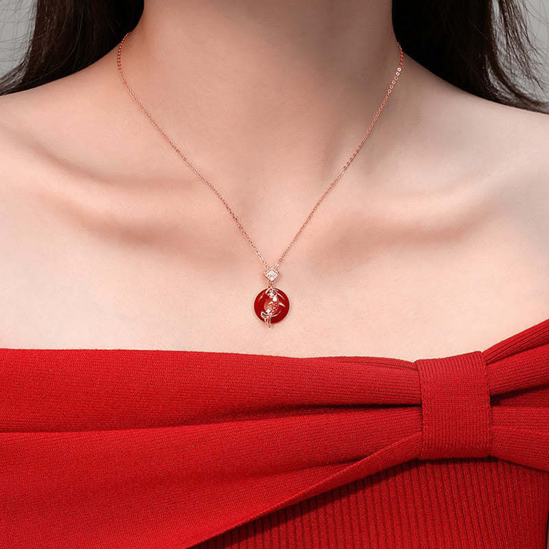 Red Agate 925 Sterling Silver Ruyi Lock Koi Fish Peace Buckle Calm Necklace Pendant