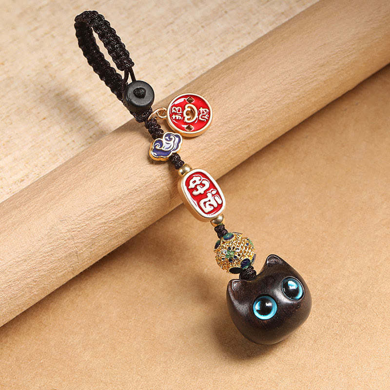 Ebony Wood Lucky Cat Auspicious Cloud Peace Key Chain Phone Hanging Decoration