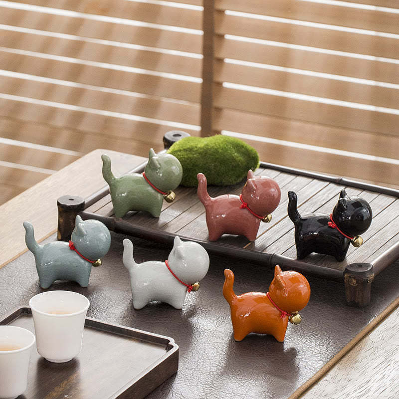 Mini Cute Lucky Bell Cat Tea Pet Ceramic Home Desk Figurine Decoration
