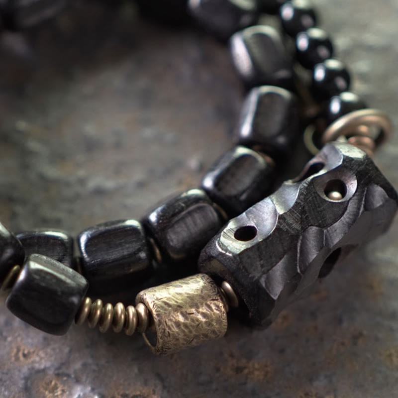 Ebony Wood Black Obsidian Copper Brass Peace Double Wrap Bracelet