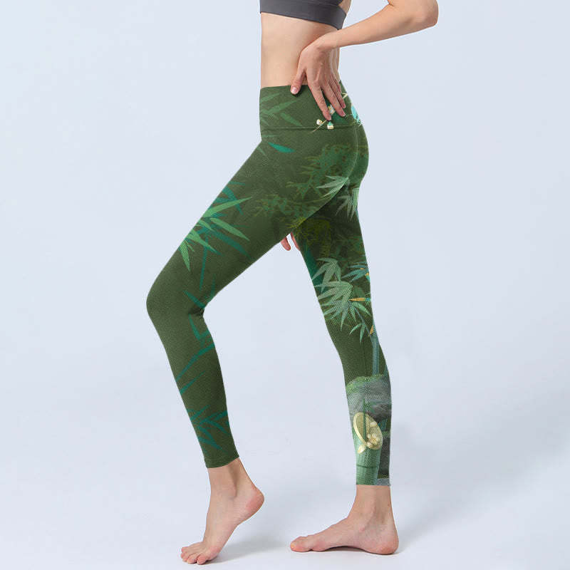 Green Bamboo Rock Flower Print Gym Leggings Women's Yoga Pants