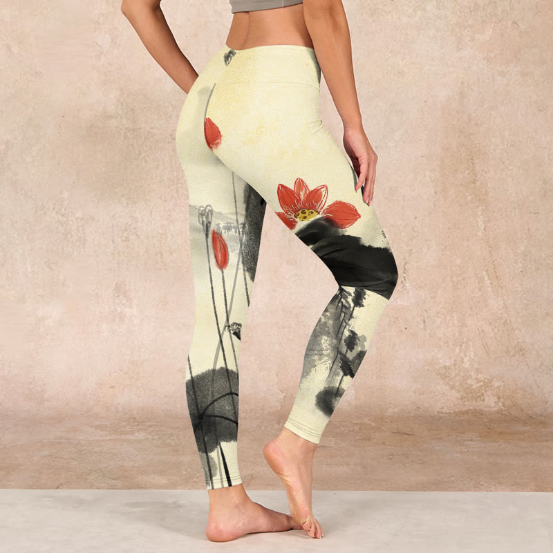 Lotus Mountains House Print Gym Leggings Women's Yoga Pants
