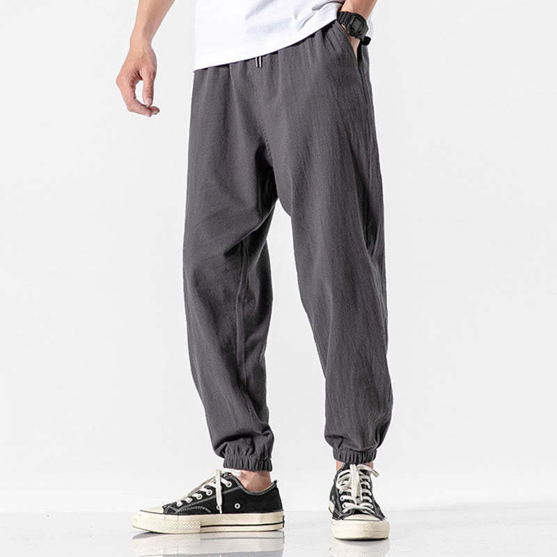 Solid Color Drawstring Cotton Men's Pants With Pockets