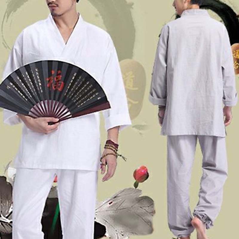 Meditation Prayer V-neck Design Cotton Linen Spiritual Zen Practice Yoga Clothing Men's Set