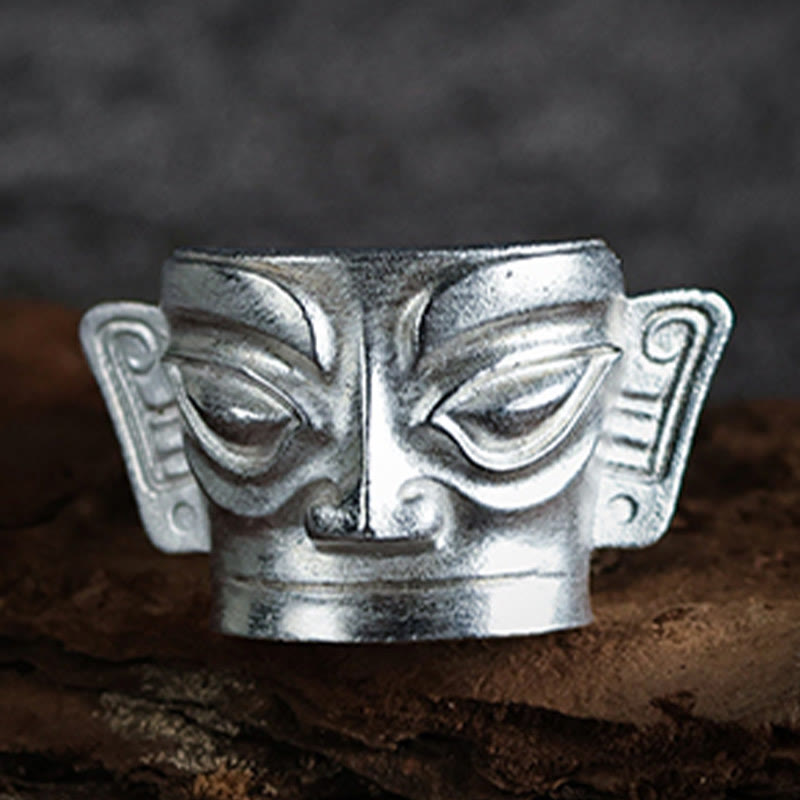 999 Sterling Silver Hand Casting Sanxingdui Mask Protection Ring