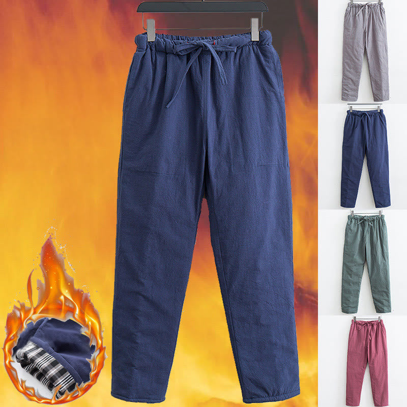 Winter Solid Men's Drawstring Cotton Fleece Lined Pants With Pockets