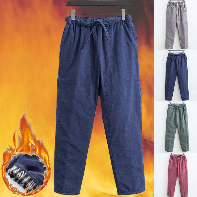 Winter Solid Men's Drawstring Cotton Fleece Lined Pants With Pockets
