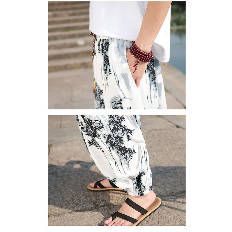 Bamboo Leaves Pattern Loose Men's Harem Pants With Pockets