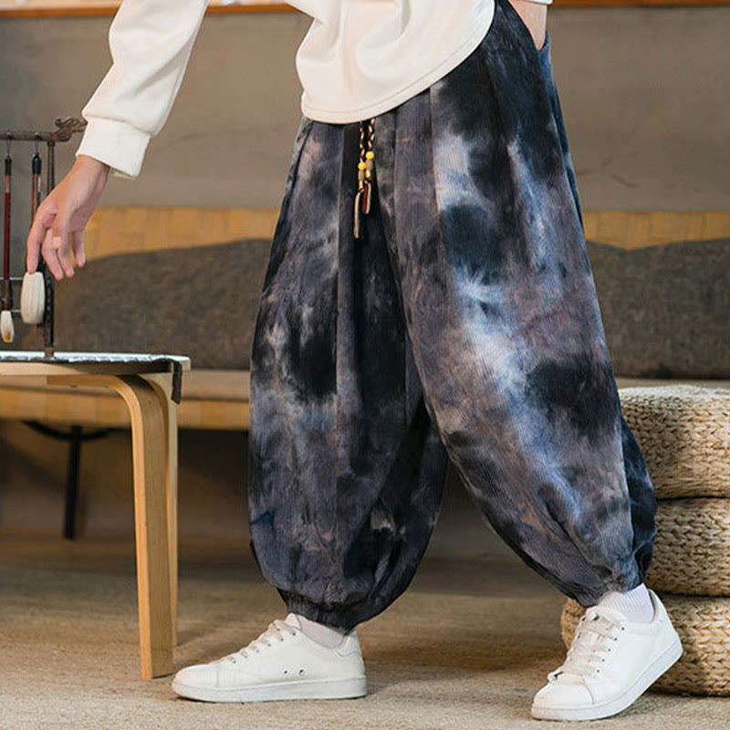 Ink Tie-dye Braided Drawstring Corduroy Cotton Men's Harem Pants With Pockets