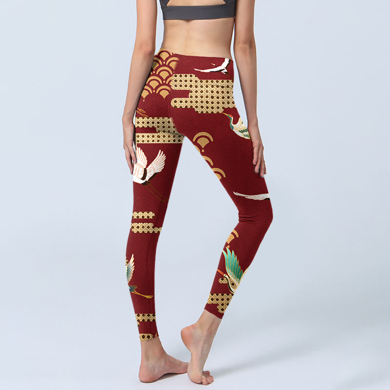 Red Crowned Crane Cloud Pattern Print Gym Leggings Women's Yoga Pants