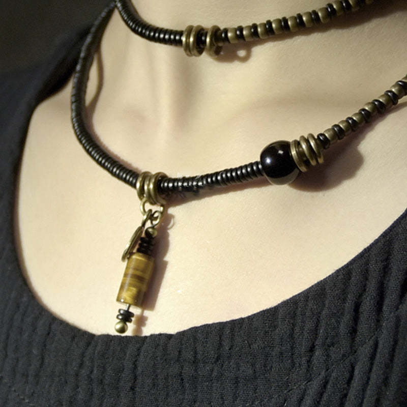 Ebony Wood Dzi Bead Copper Peace Couple Bracelet Necklace Pendant