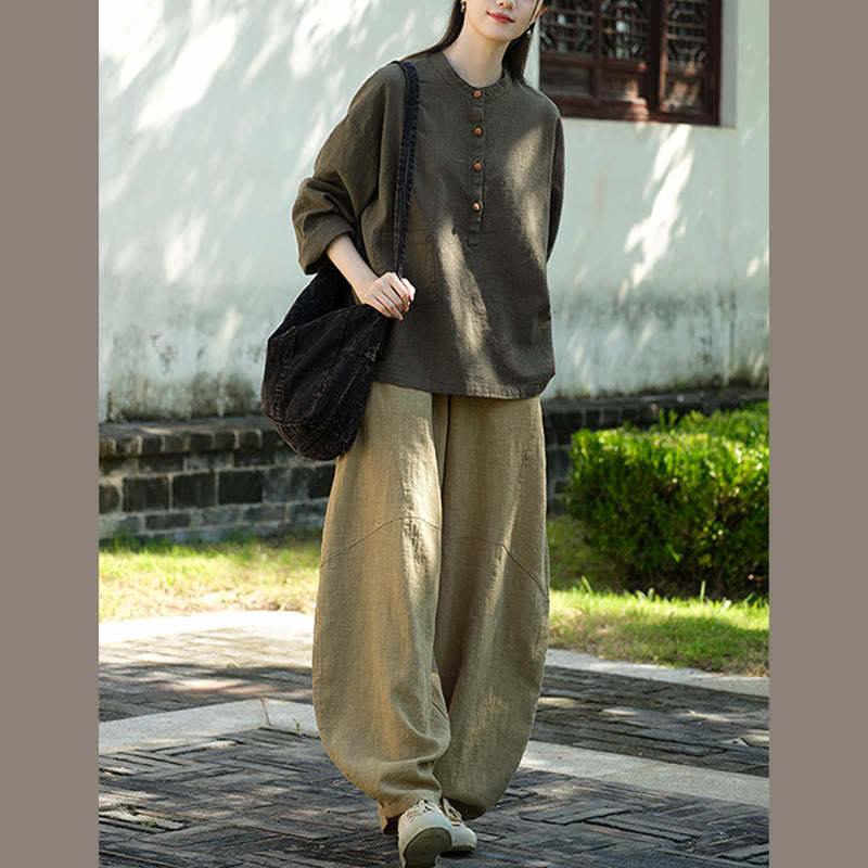 Solid Color Loose Button Blouse Long Sleeve Shirt Top