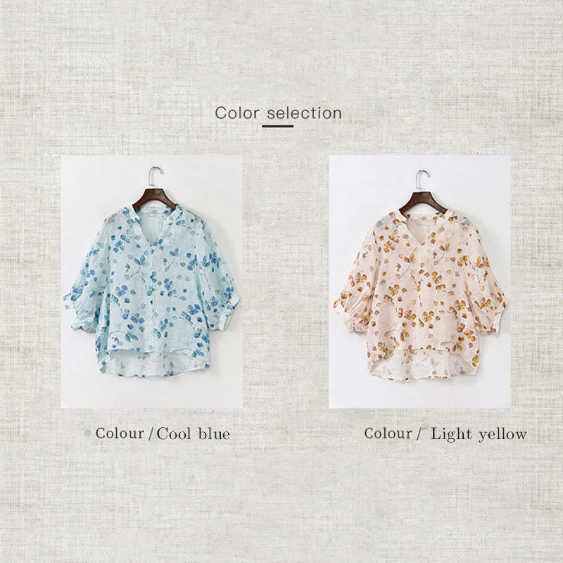 Fruits Leaves Pattern Lantern Sleeve Top Loose Tee T-shirt