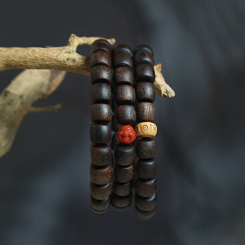 Nha Trang Rare Bai Qinan Agarwood Cyan Jade Red Agate Laughing mystic zen Tibetan Bone Strength Meditation Bracelet