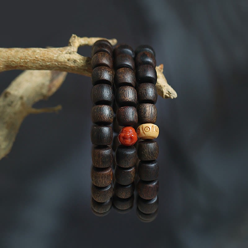 Nha Trang Rare Bai Qinan Agarwood Cyan Jade Red Agate Laughing mystic zen Tibetan Bone Strength Meditation Bracelet