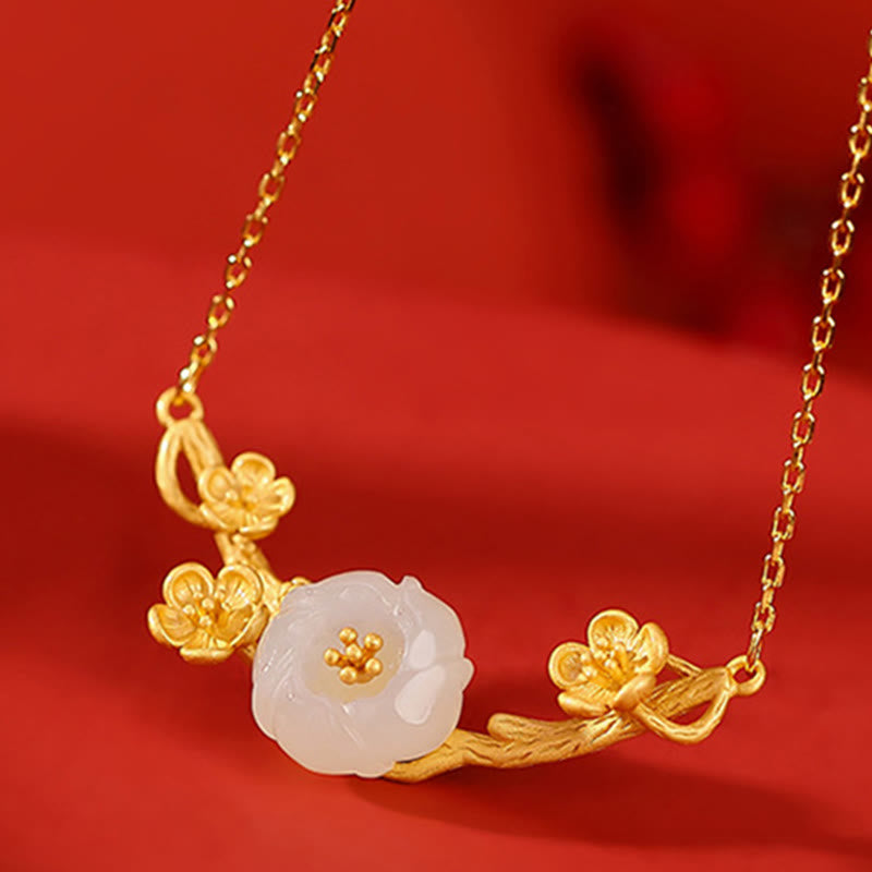 925 Sterling Silver Plated Gold Hetian Jade  Plum Blossom Luck Necklace Pendant Bracelet Bangle Ring