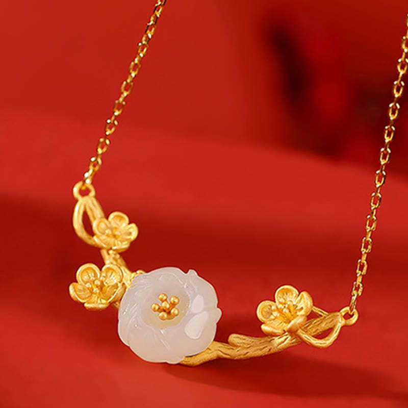 925 Sterling Silver Plated Gold Hetian Jade  Plum Blossom Luck Necklace Pendant Bracelet Bangle Ring