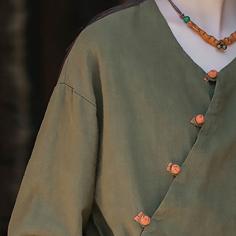 Solid Color Ramie Linen Loose Blouse Long Sleeve Shirt Chinese Hanfu Top