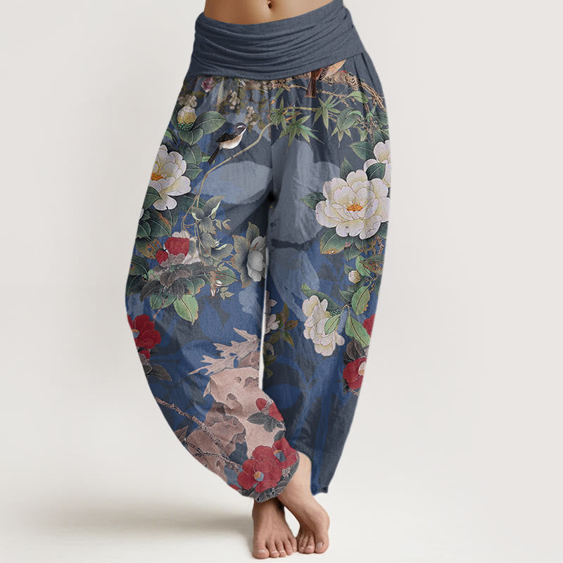 Casual Peony Flowers Leaves Magpie Women's Elastic Waist Harem Pants