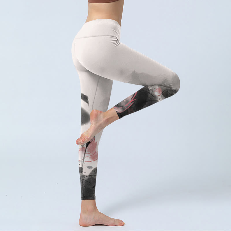 Ink Painting Lotus Flower Leaf Print Gym Fitness Leggings Women's Yoga Pants
