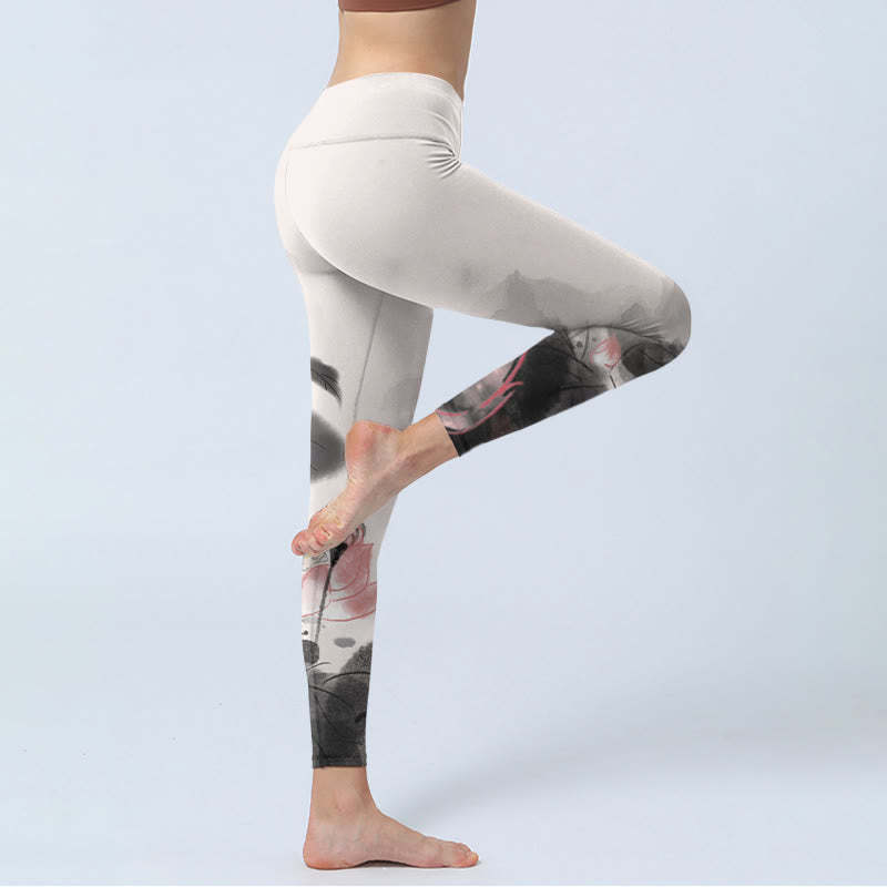 Ink Painting Lotus Flower Leaf Print Gym Fitness Leggings Women's Yoga Pants