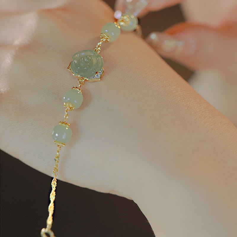 14K Gold Plated Hetian Jade Rose Flower Luck Chain Bracelet