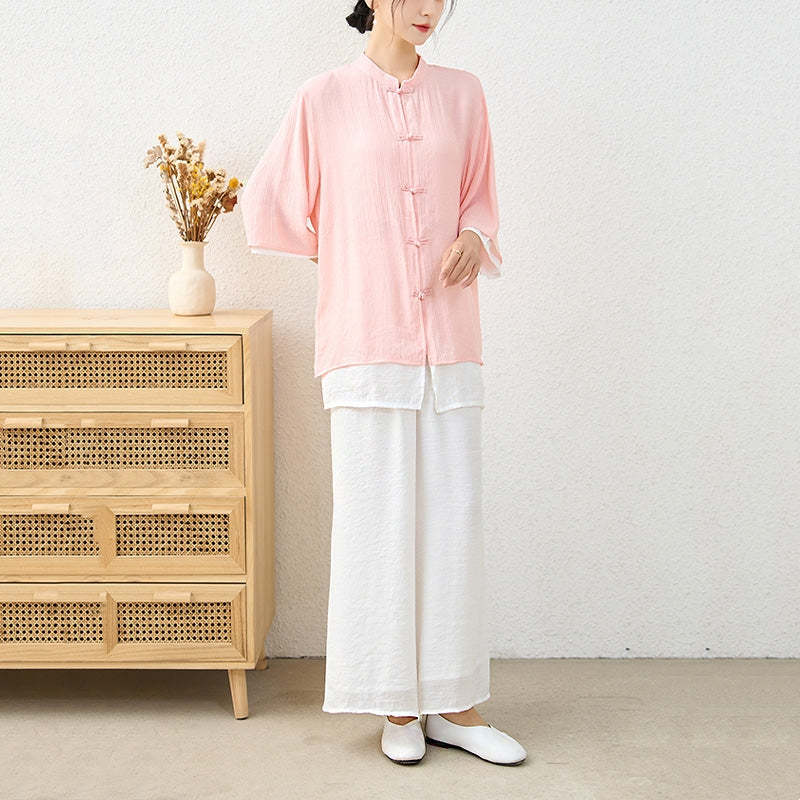 2Pcs Simple Chinese Frog Button Design Top Pants Meditation Yoga Zen Tai Chi Cotton Clothing Women's Set
