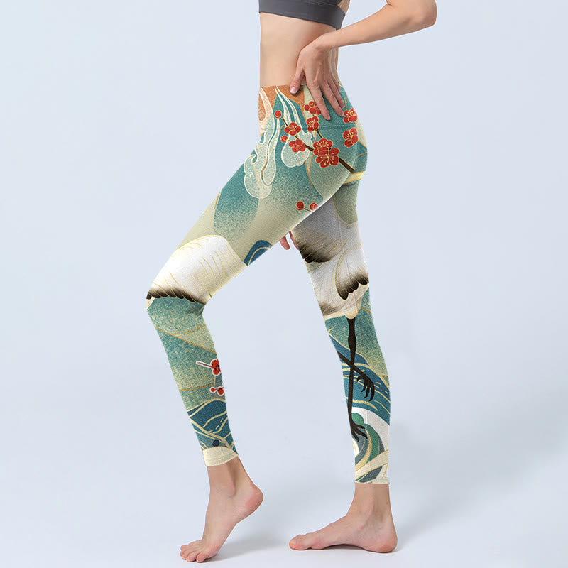 Cranes Plum Blossoms Mountains Print Gym Leggings Women's Yoga Pants