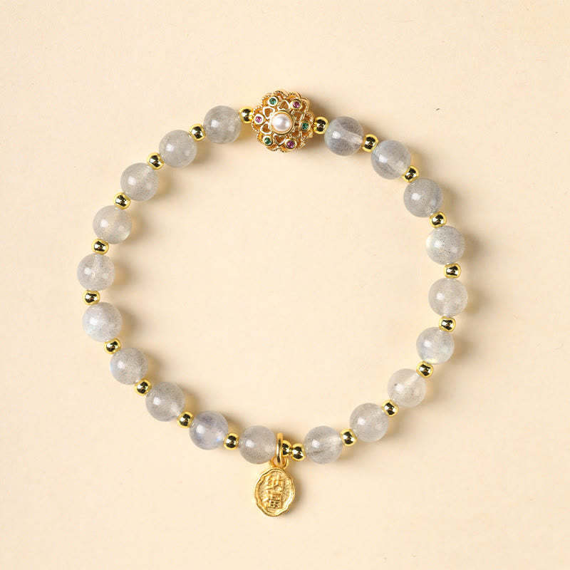 14K Gold Plated Natural Strawberry Quartz Labradorite Sun Stone Fu Character Positive Charm Bracelet