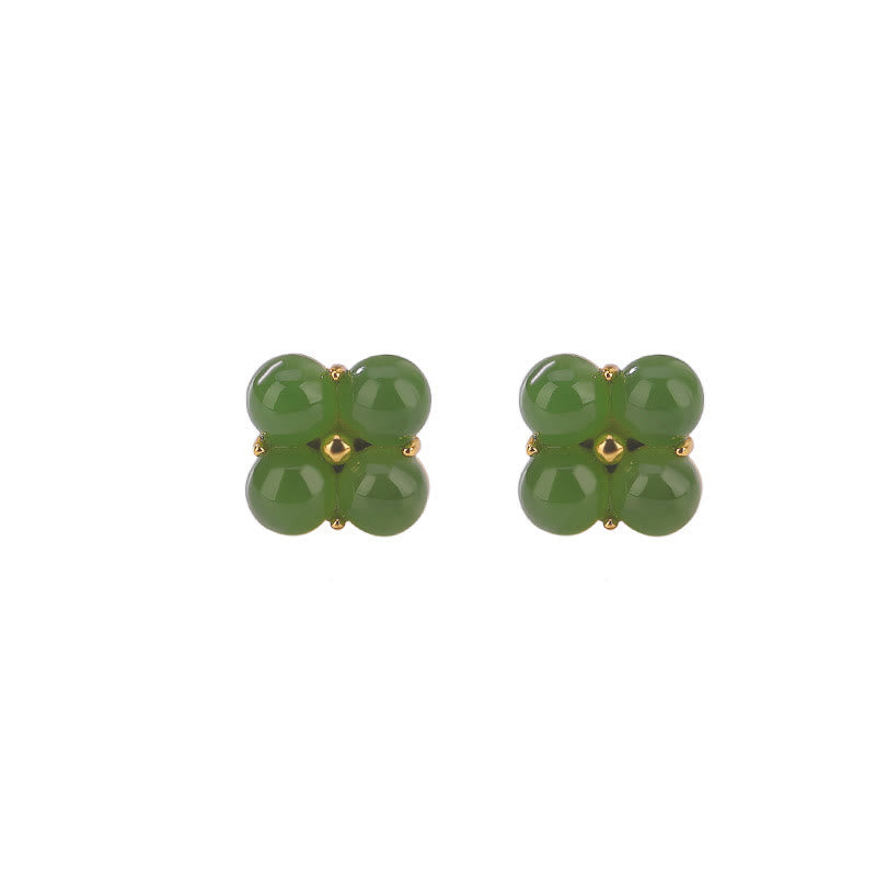 925 Sterling Silver Plated Gold Natural Cyan Jade Four Leaf Clover Luck Stud Earrings