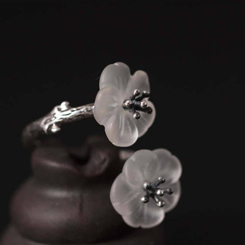 925 Sterling Silver White Crystal Double Plum Blossom Flower Adjustable Protection Ring