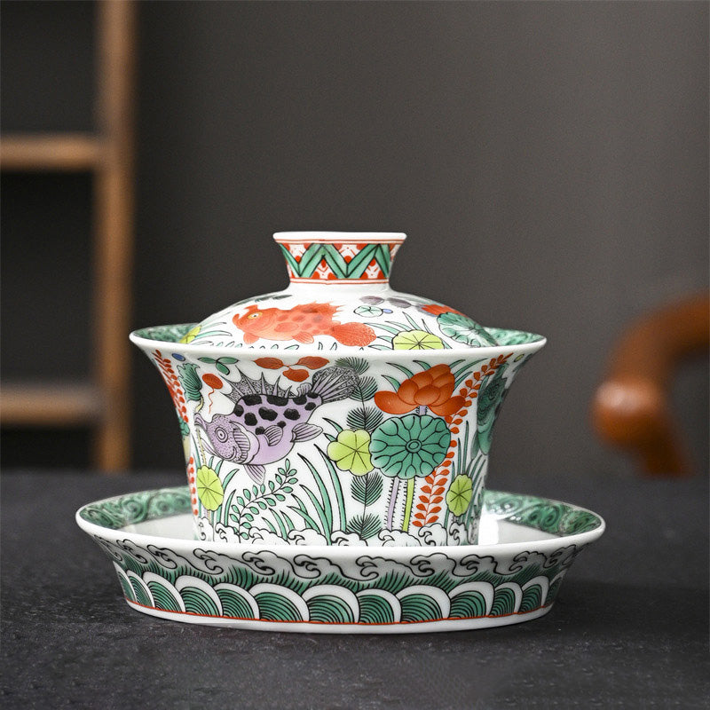 Jingdezhen Dragon Phoenix Pavilion Pine Flower Ceramic Gaiwan Sancai Teacup Kung Fu Tea Cup And Saucer With Lid 170ml