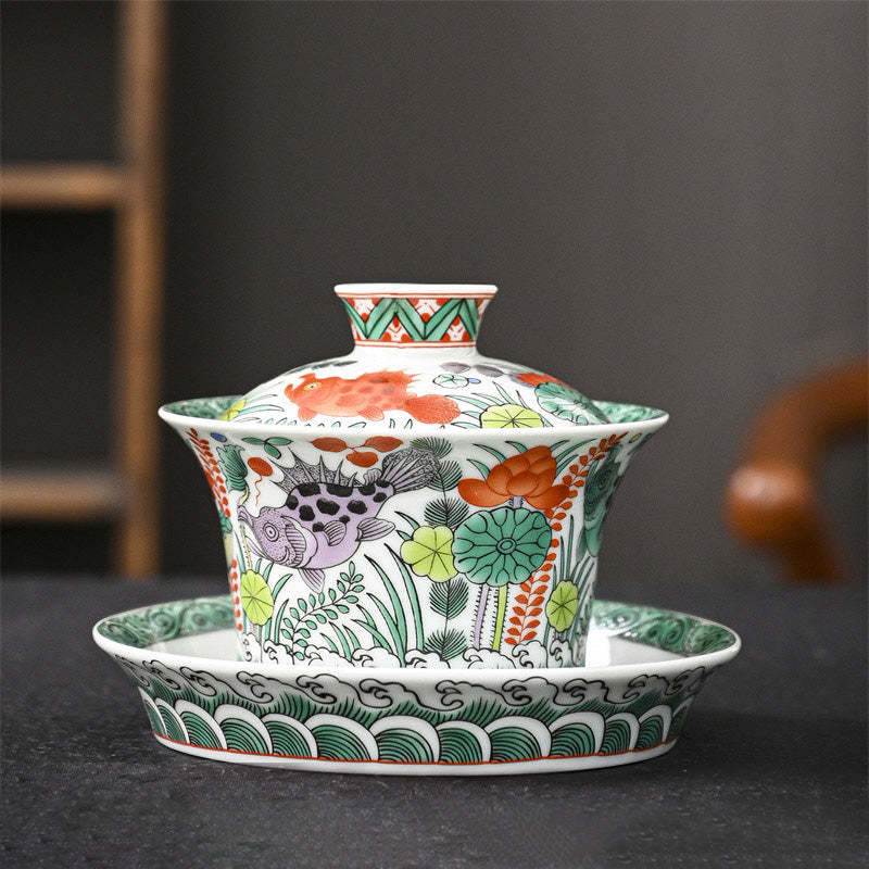 Jingdezhen Dragon Phoenix Pavilion Pine Flower Ceramic Gaiwan Sancai Teacup Kung Fu Tea Cup And Saucer With Lid 170ml