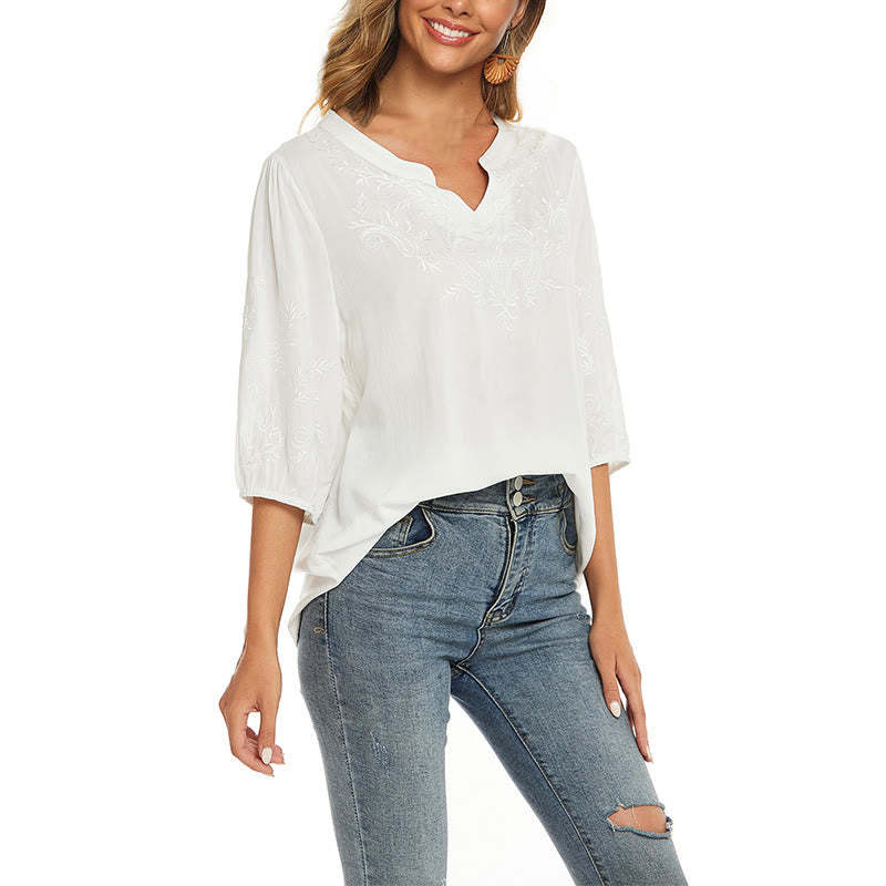 Casual Solid Color Embroidery Flower Three Quarter Sleeve V-Neck Cotton Women's T-Shirt