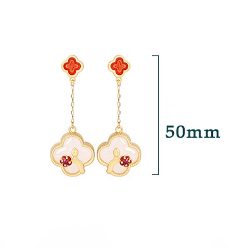 24K Gold Plated White Jade Four Leaf Clover Plum Blossom Luck Necklace Pendant Earrings