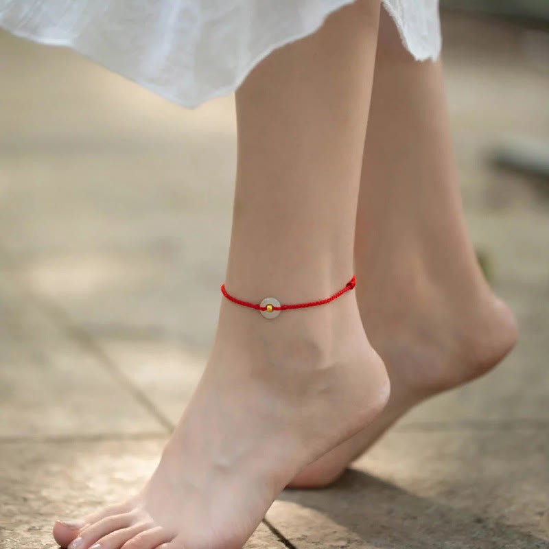 999 Gold Bead Round Peace Buckle Hetian Jade Luck Abundance Braided Bracelet Anklet