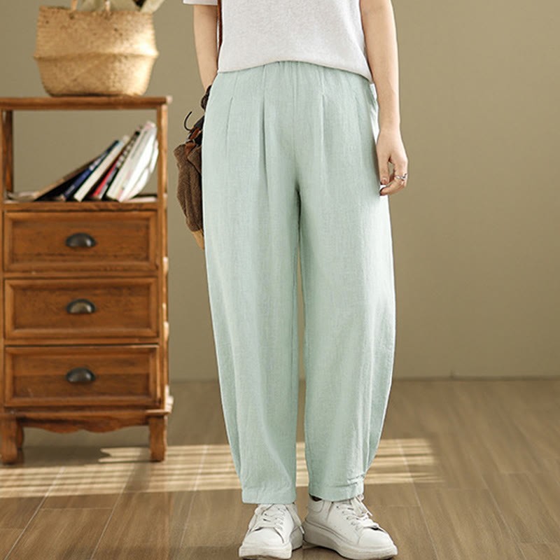 Casual Solid Color Tapered Elastic Waistband Cotton Linen Women's Pants With Pockets