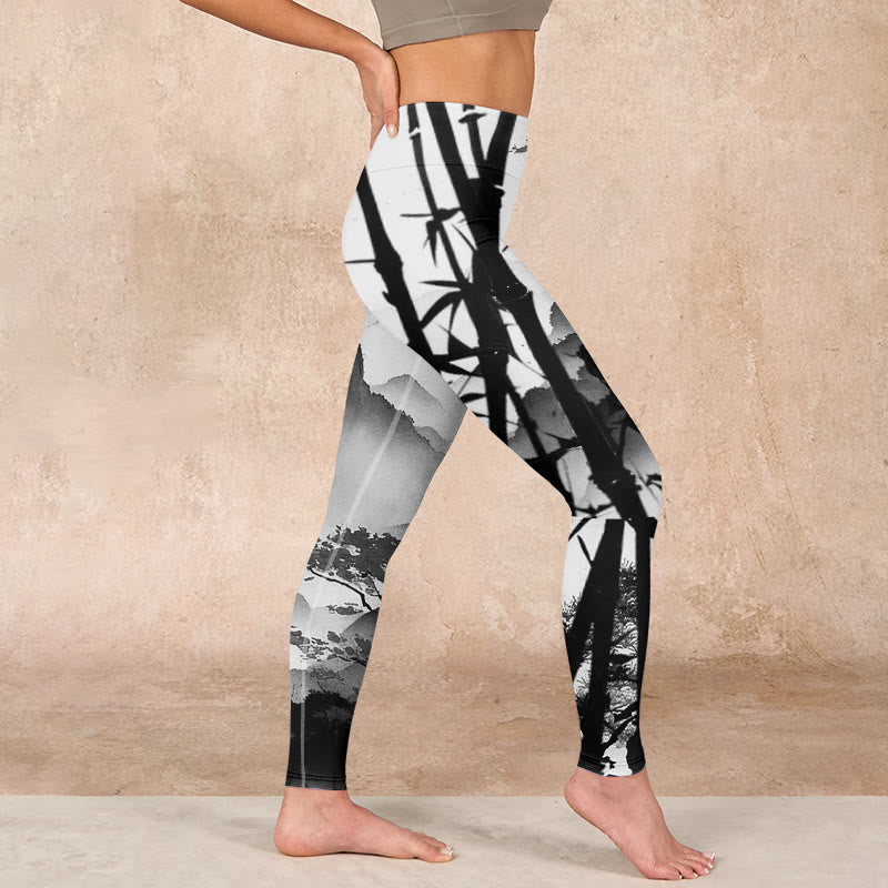 Ink Painting Bamboo Pine Mountain Scenery Print Gym Leggings Women's Yoga Pants