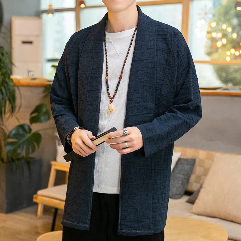Fall Simple Loose Plain Linen Blend Men's Mid-length Coat Clothing